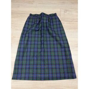 Pendleton Vintage Wool Plaid Midi Skirt Green Blue Tartan High Waist USA Made